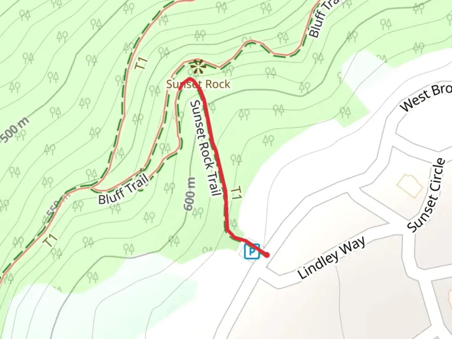 An image depicting the trail Sunset Rock Trail Out and Back and its surrounding area.