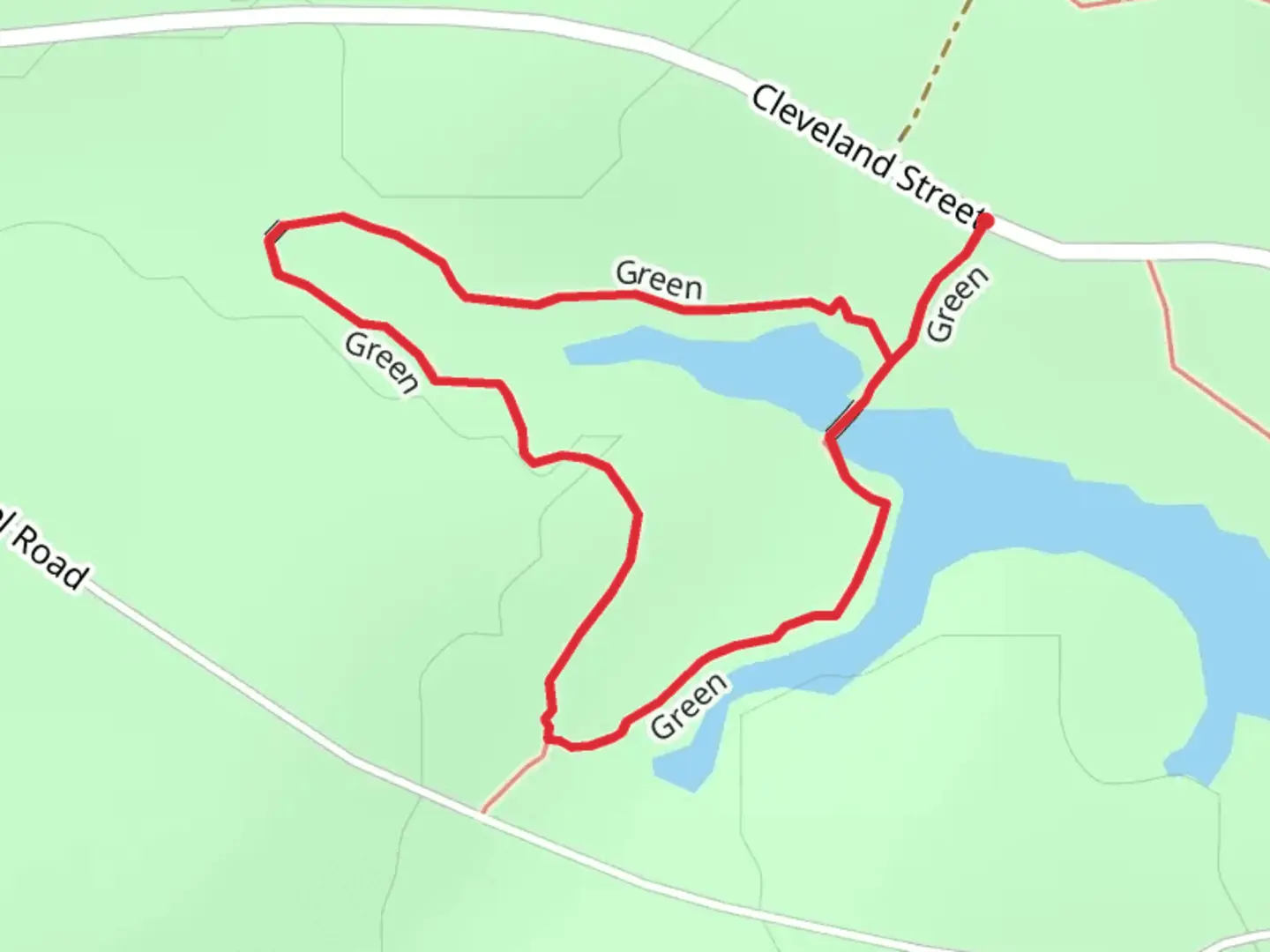 An image depicting the trail Green Trail Loop from Cleveland Street and its surrounding area.