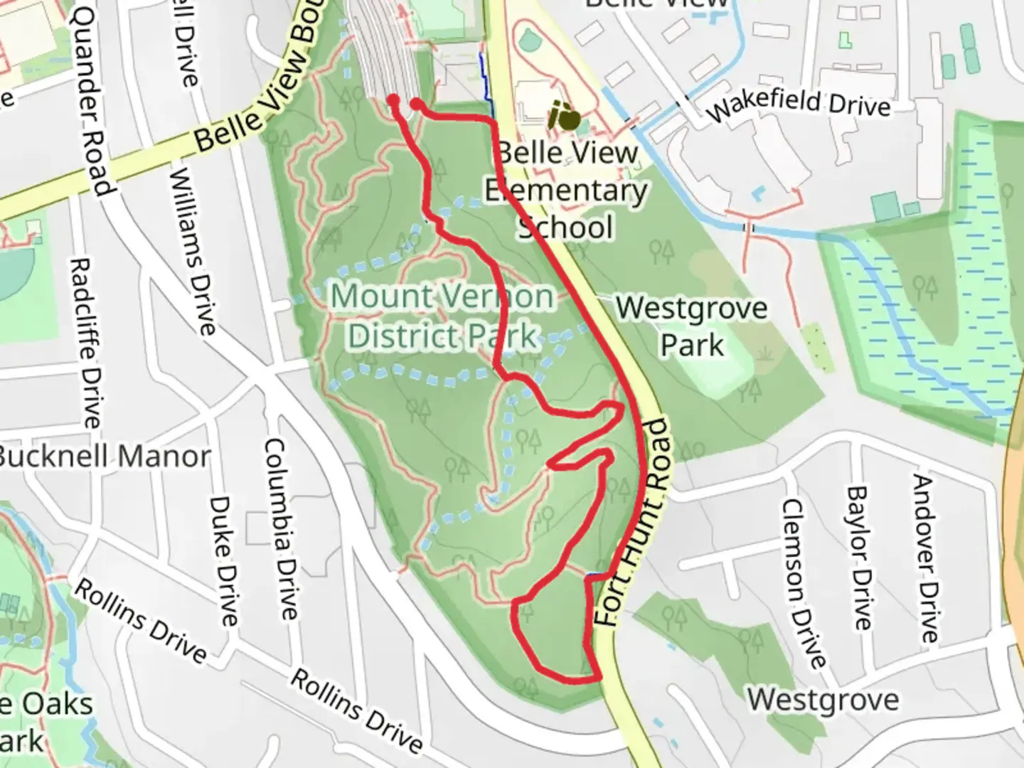 An image depicting the trail West Park and Fort Hunt Loop and its surrounding area.