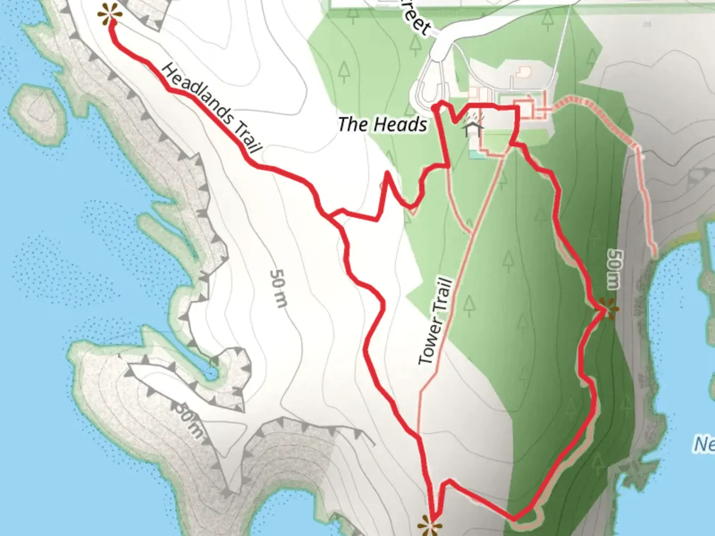 An image depicting the trail Headlands Trail and Nellies Cove Loop Trail and its surrounding area.