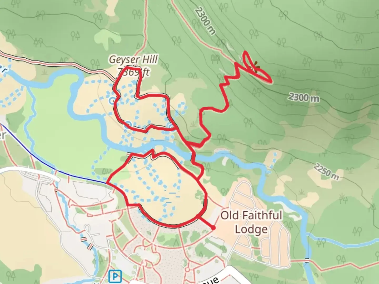 An image depicting the trail Geyser Hill, Observation Point and Upper Geyser Bassin Loop Trail and its surrounding area.