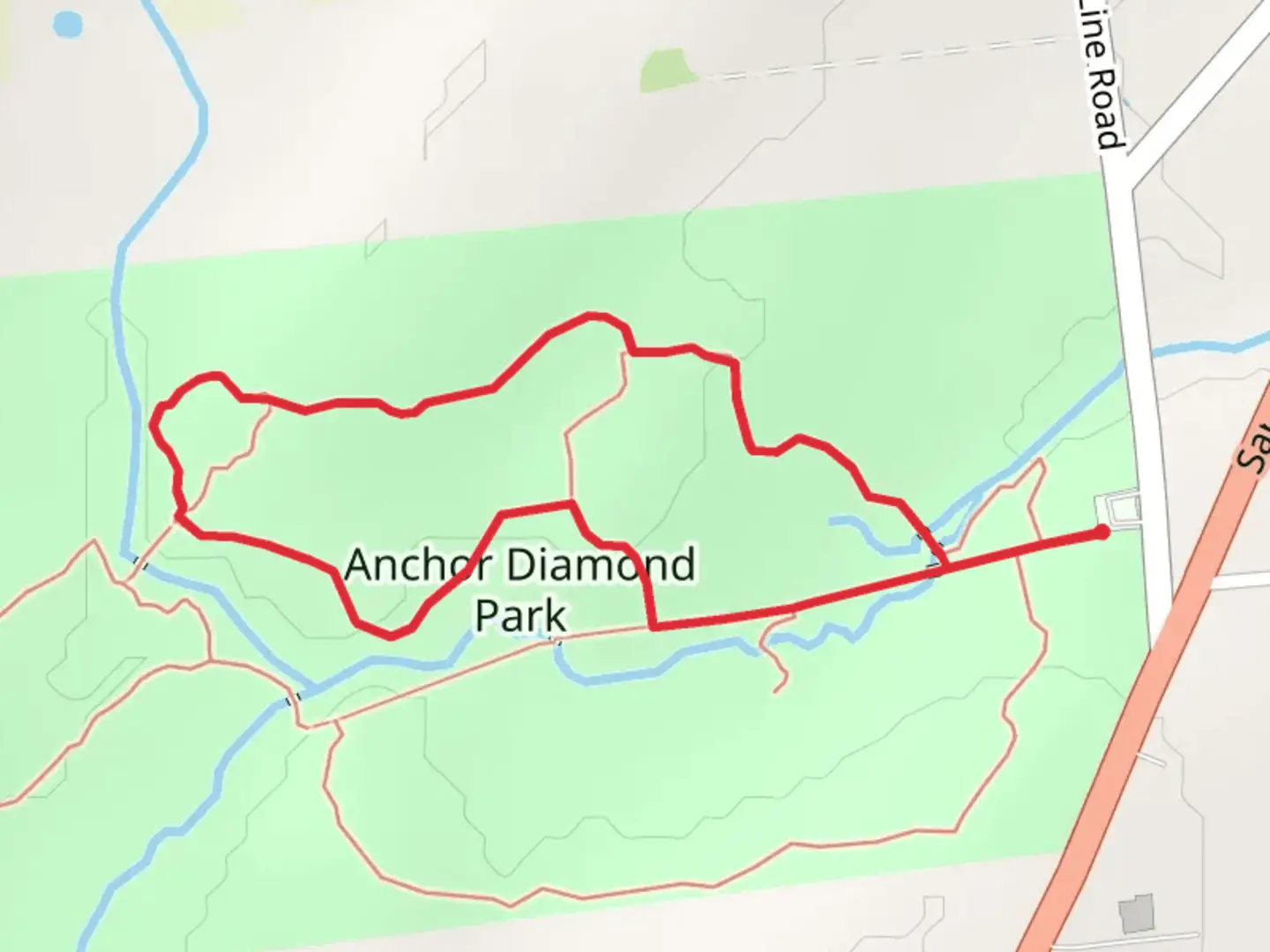 An image depicting the trail Stonewall Trail - Blue and Hawkwood Trail - White Loop and its surrounding area.