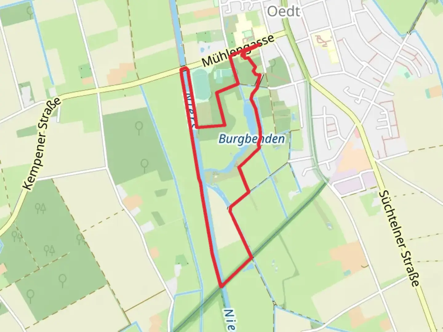 An image depicting the trail Niersauen Runde Loop - Im Großen Bruch and its surrounding area.