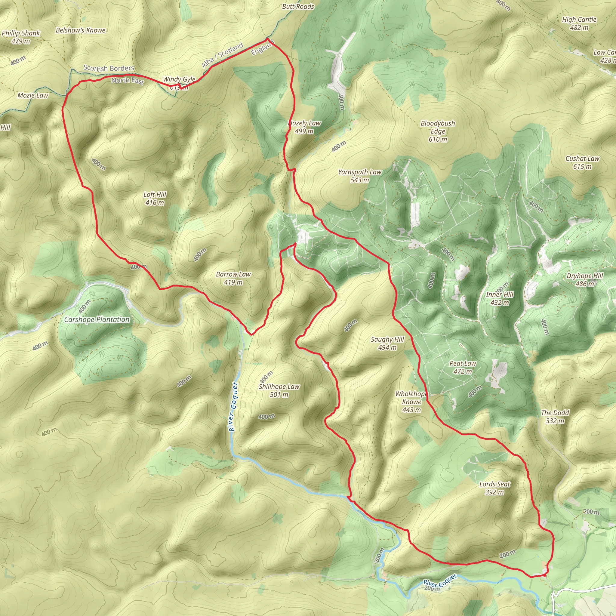 Windy Gyle, Hindside Knowe and Shillmoor Loop mobile static map