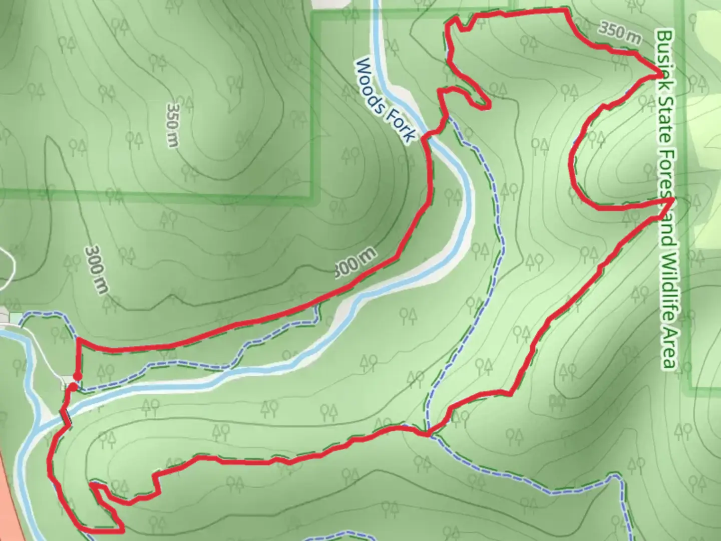 An image depicting the trail Busiek Yellow Trail and Busiek Red Trail Loop and its surrounding area.