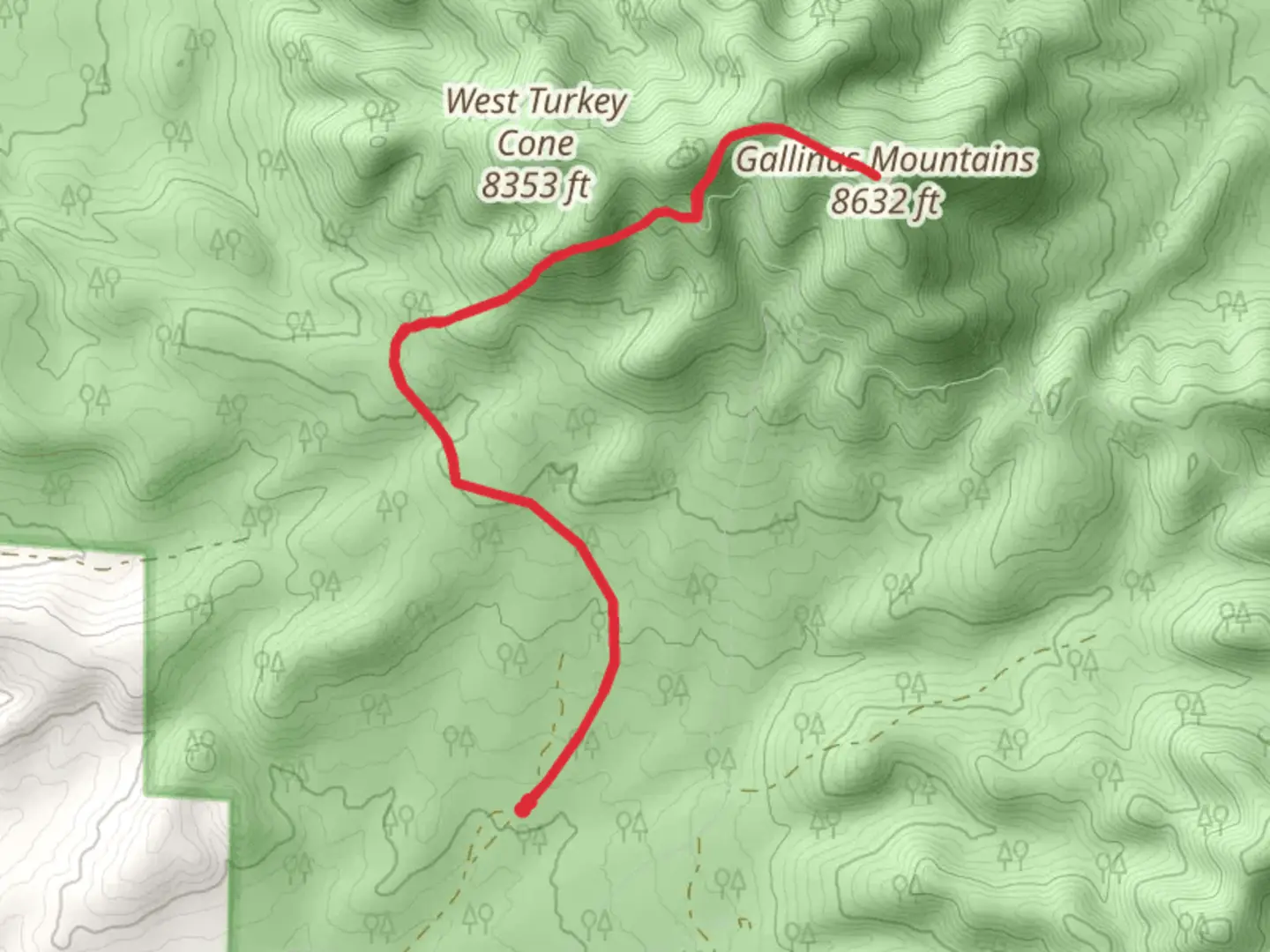 An image depicting the trail Gallinas Mountains and its surrounding area.