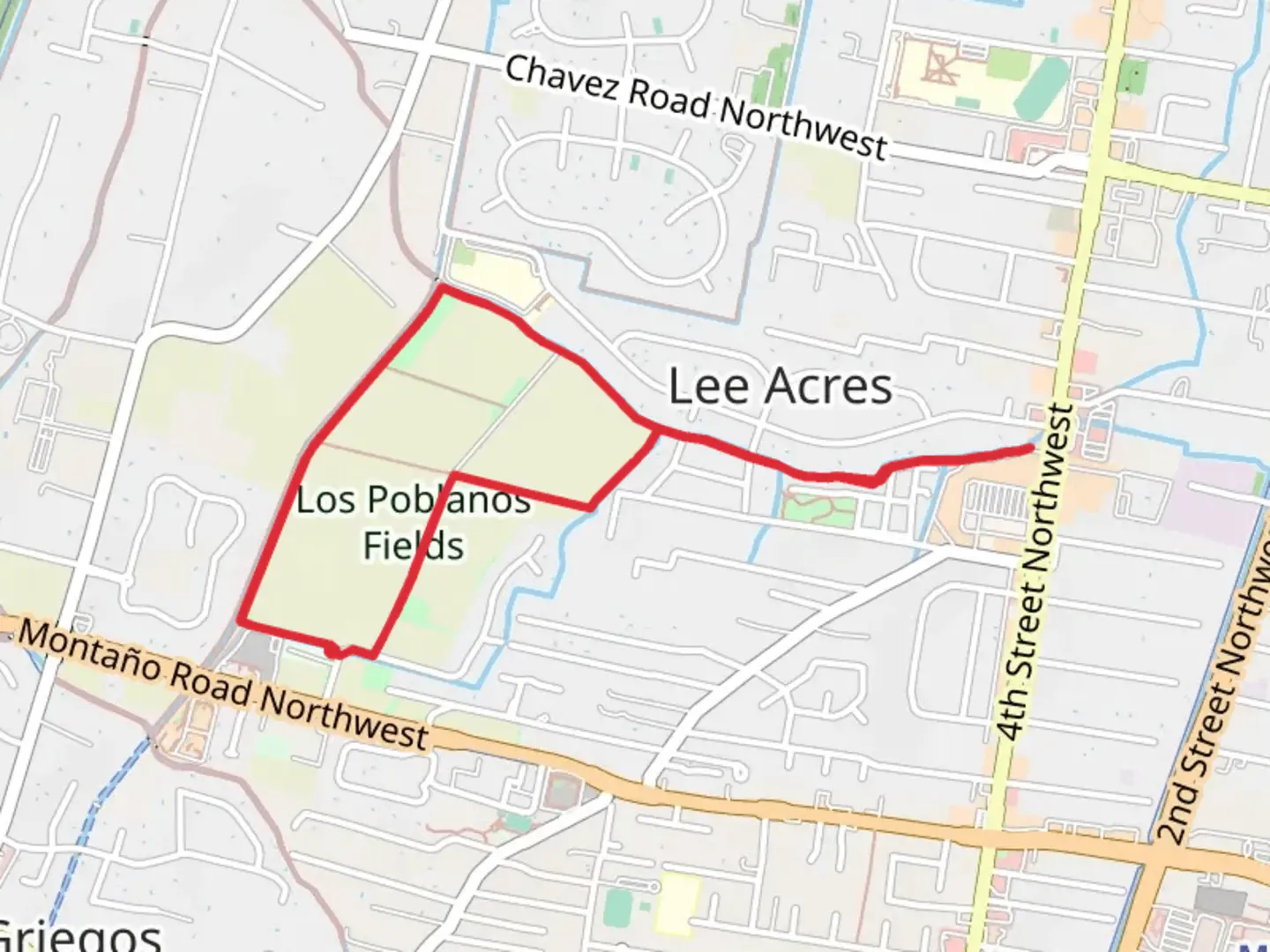 An image depicting the trail Los Poblanos Fields Loop and its surrounding area.