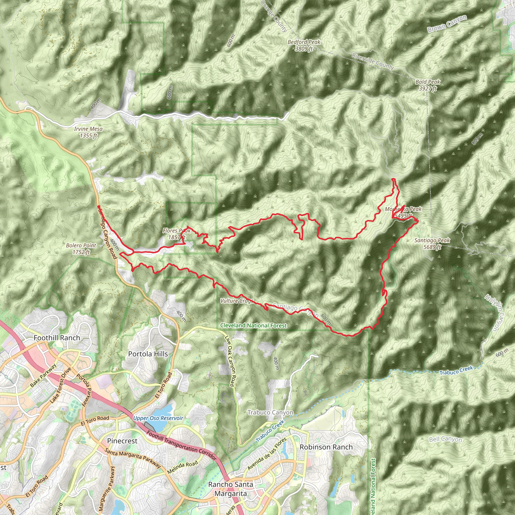 Modjeska Peak and Old Camp Loop via Santiago Creek and Joplin Trail mobile static map