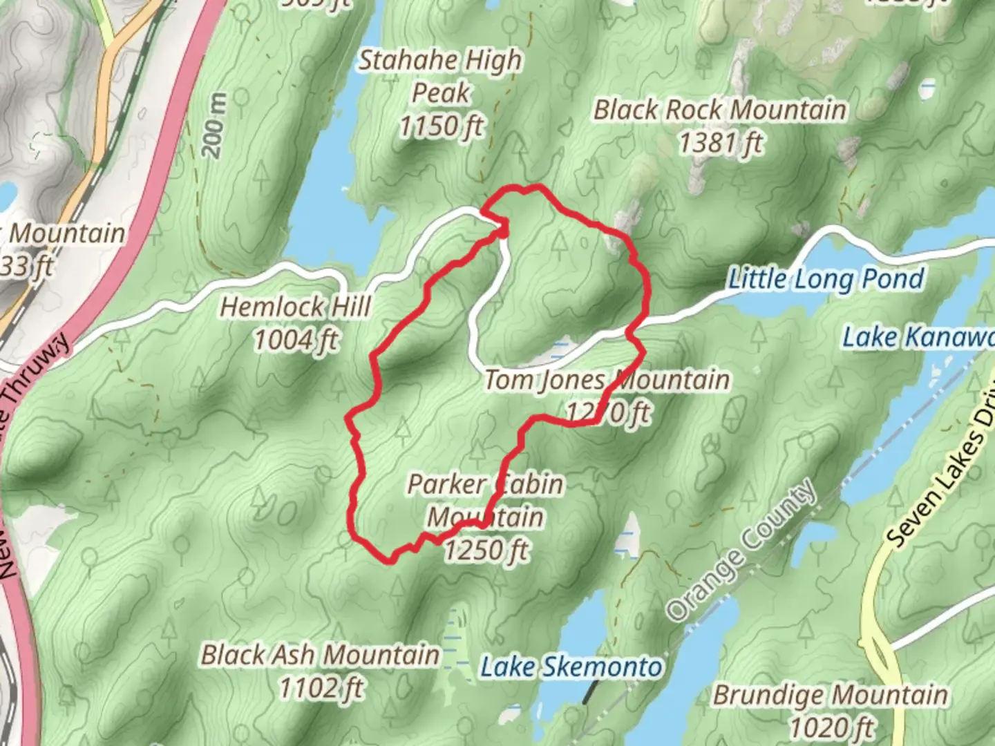 An image depicting the trail Car Pond Mountain and Tom Jones Mountain Loop via White Bar Trail and its surrounding area.