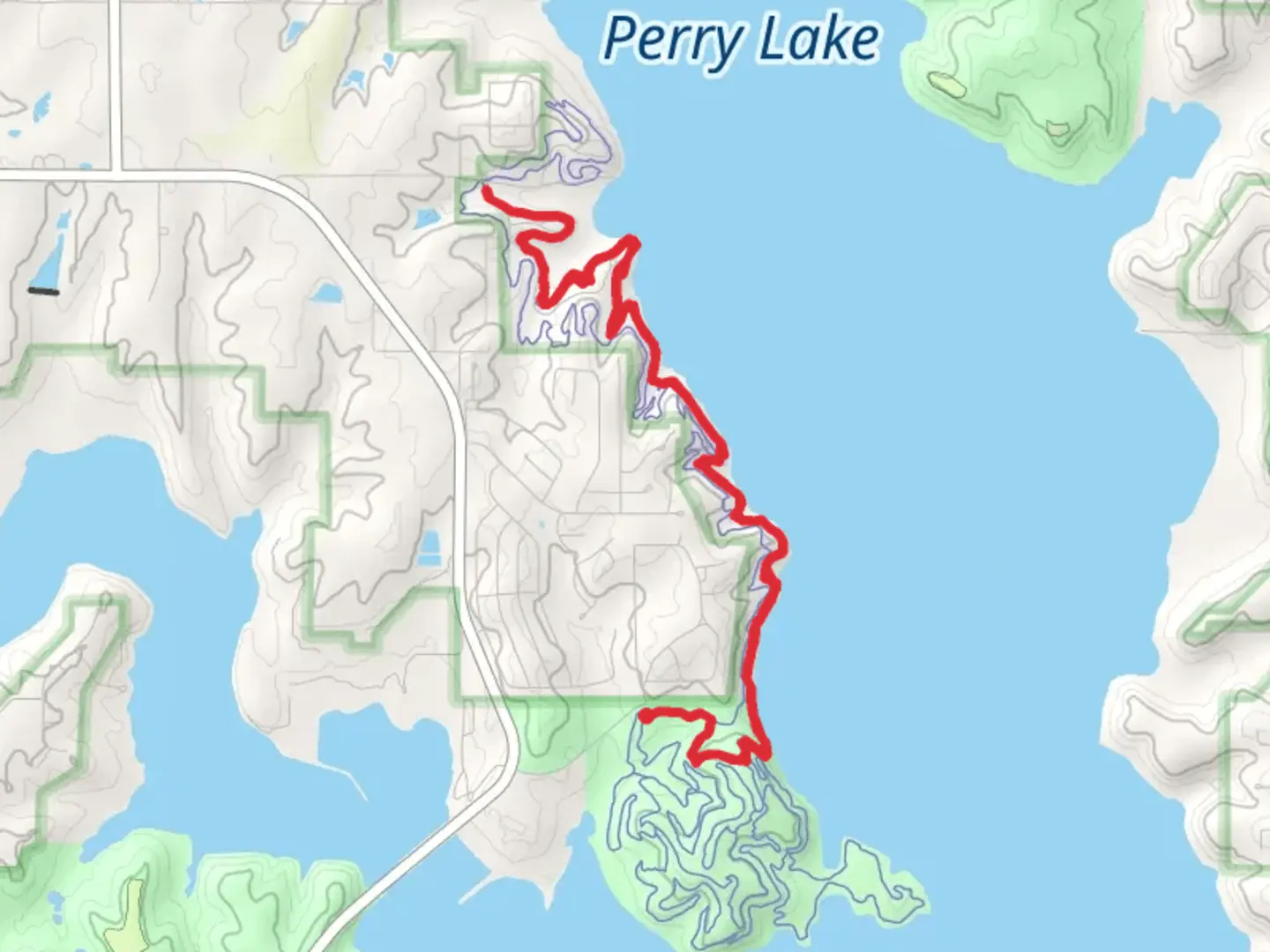 An image depicting the trail Perry Lake Westside Trail and its surrounding area.