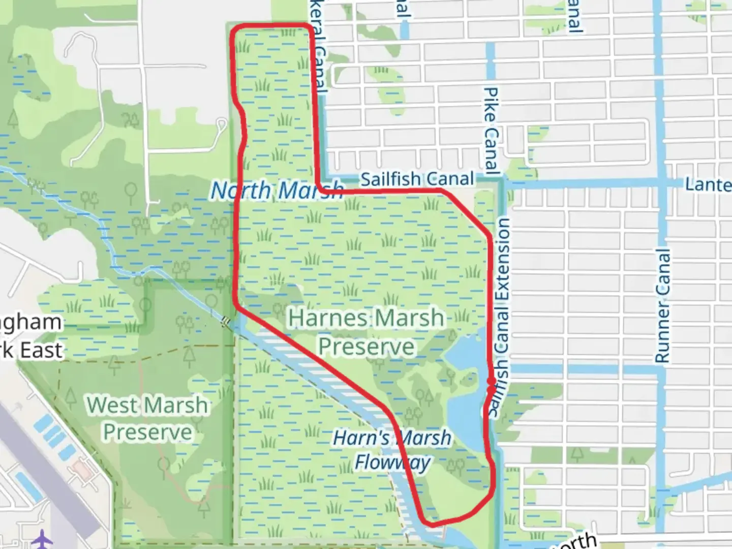 An image depicting the trail Harn's Marsh Flowway Loop and its surrounding area.