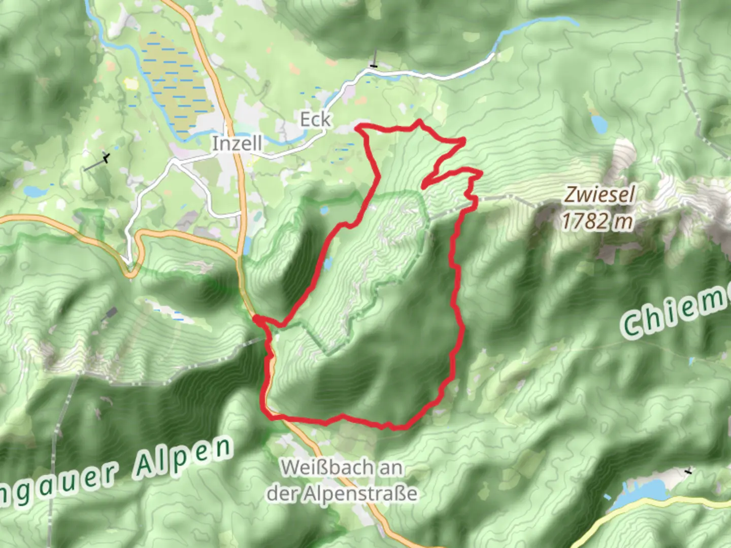 An image depicting the trail Falkensee, Staufenstube Diensthutte and Weibbachfall Loop and its surrounding area.