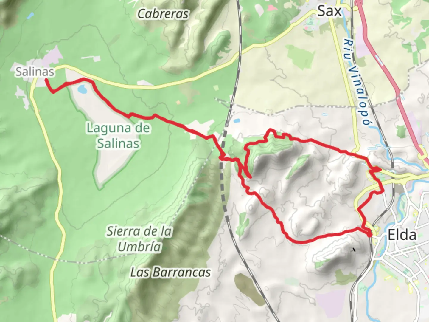An image depicting the trail Elda - Salinas - Elda PR CV 025 and its surrounding area.