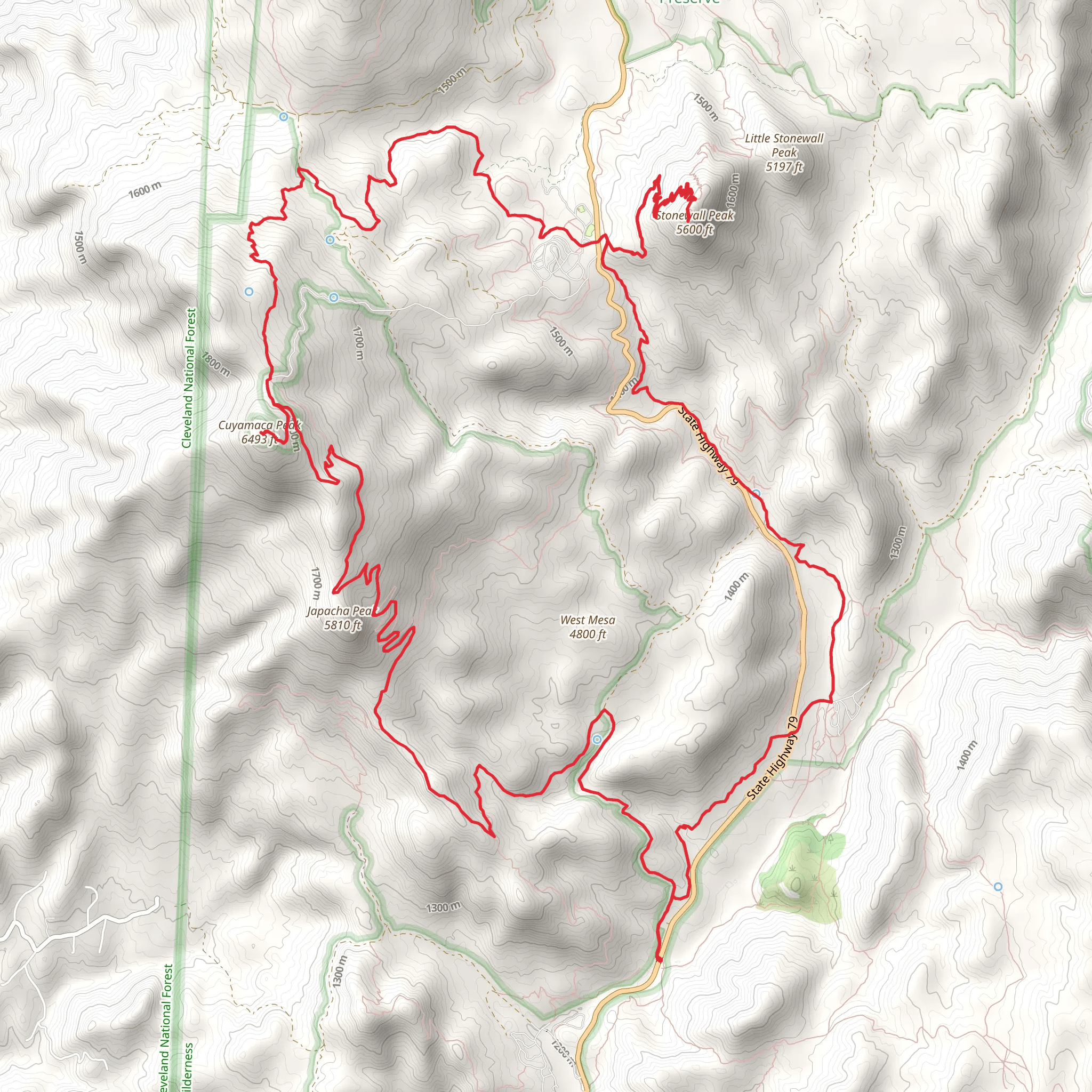 West Mesa, Cuyamaca Peak and Stonewall Peak Loop Trail mobile static map