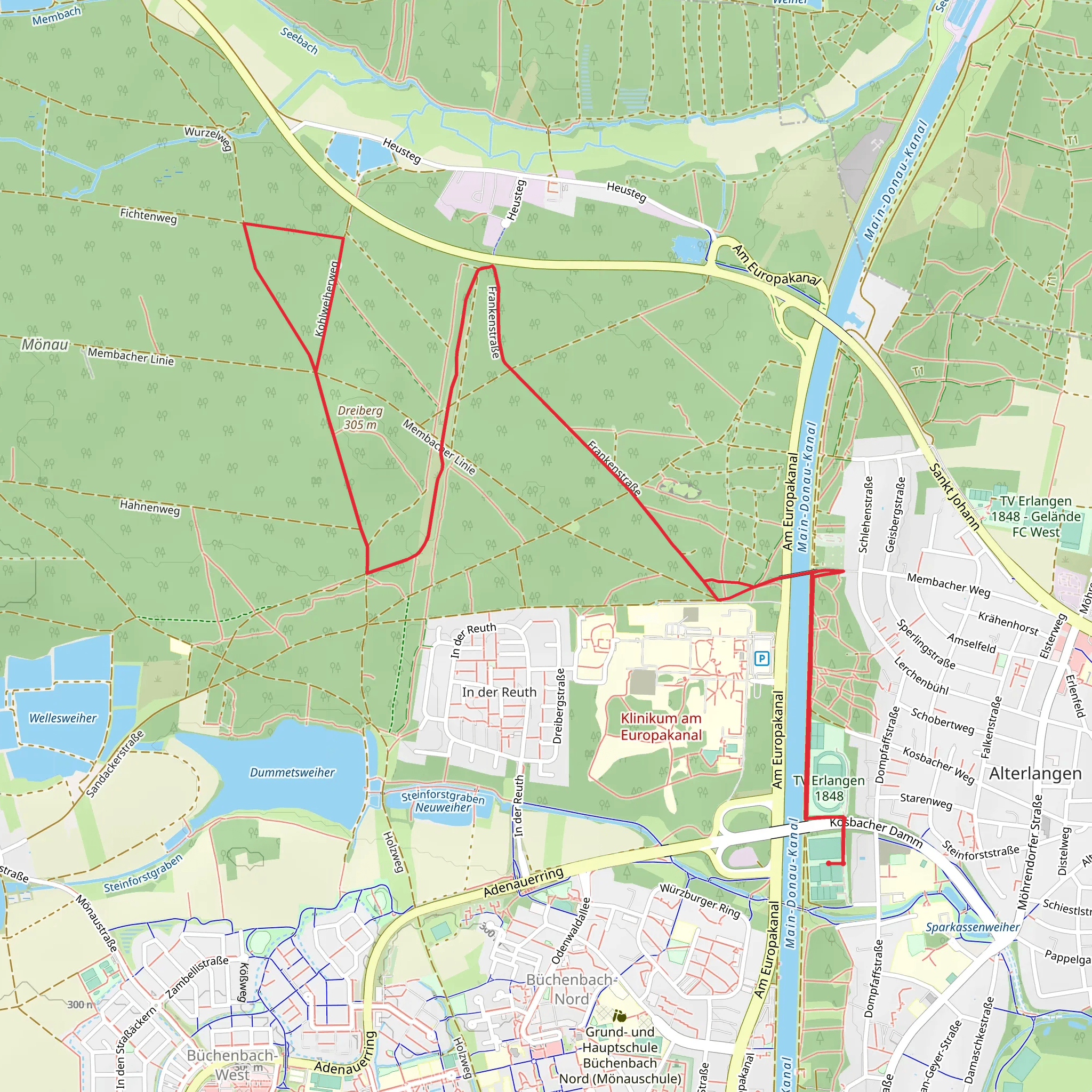Main Donau Kanal via Wurzelweg and Kohlweiherweg mobile static map