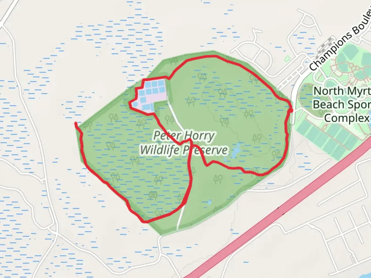 An image depicting the trail Peter Horry Wildlife Preserve Loop via White and Gold Trail and its surrounding area.