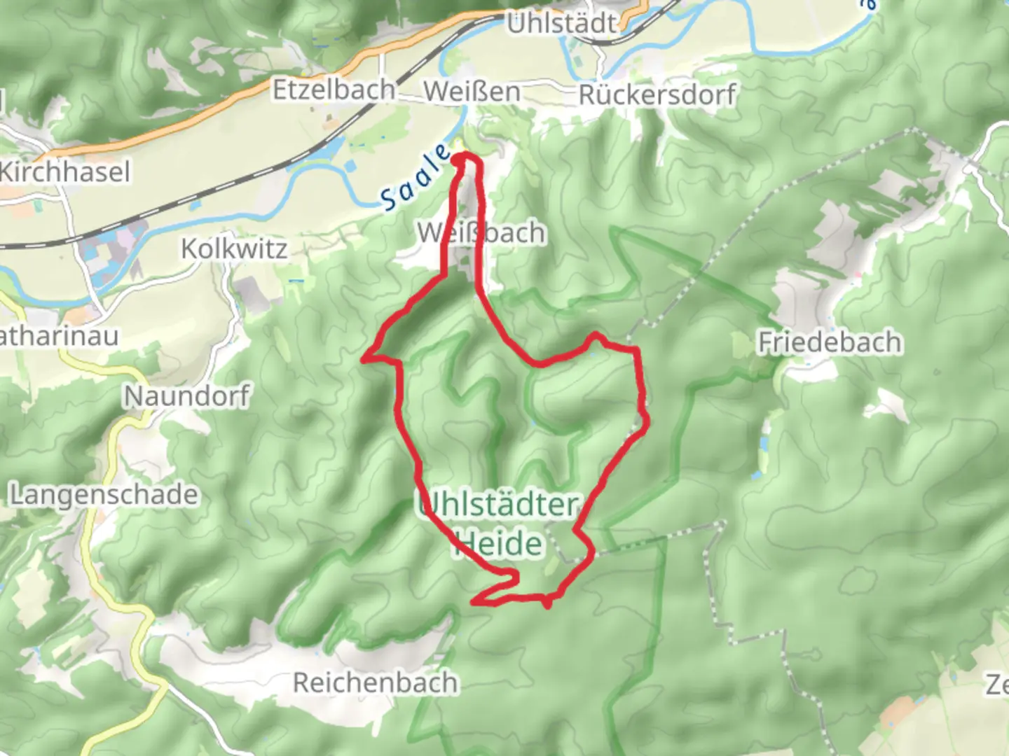 An image depicting the trail Pfaffensteig and Gelbes Dreieck Uhlstaedter Heide and its surrounding area.