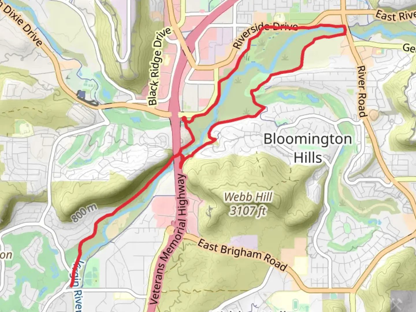 An image depicting the trail Virgin River Trail and Webb Hill Trail and its surrounding area.