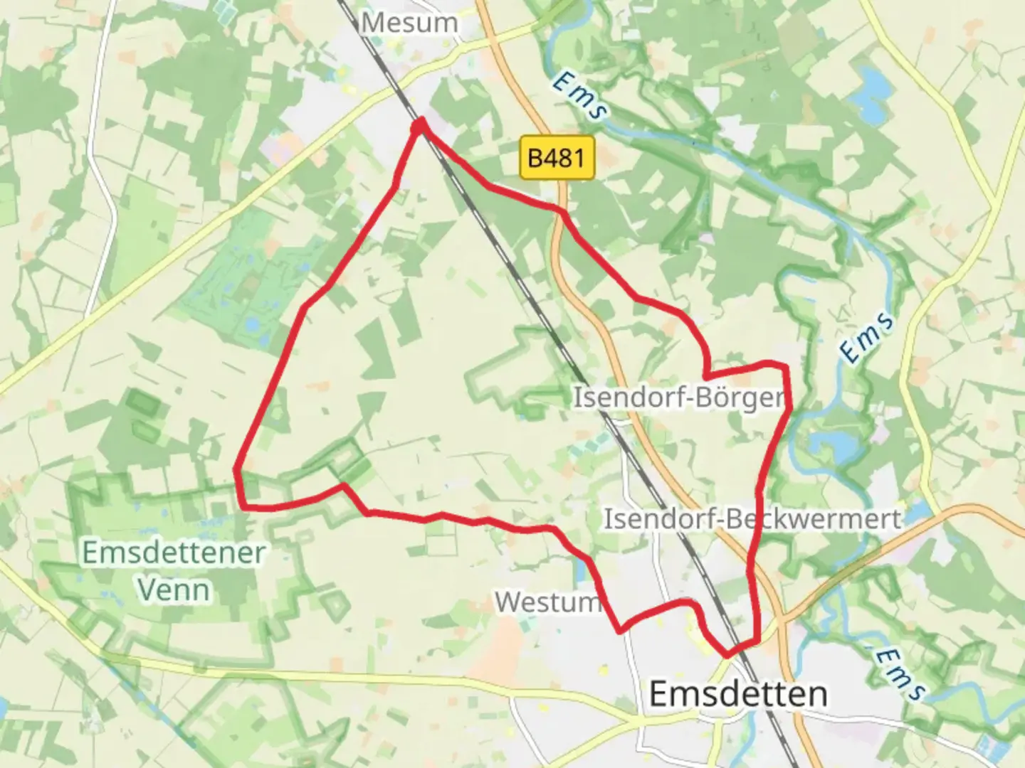 An image depicting the trail Mesum and Emsdetten Loop and its surrounding area.