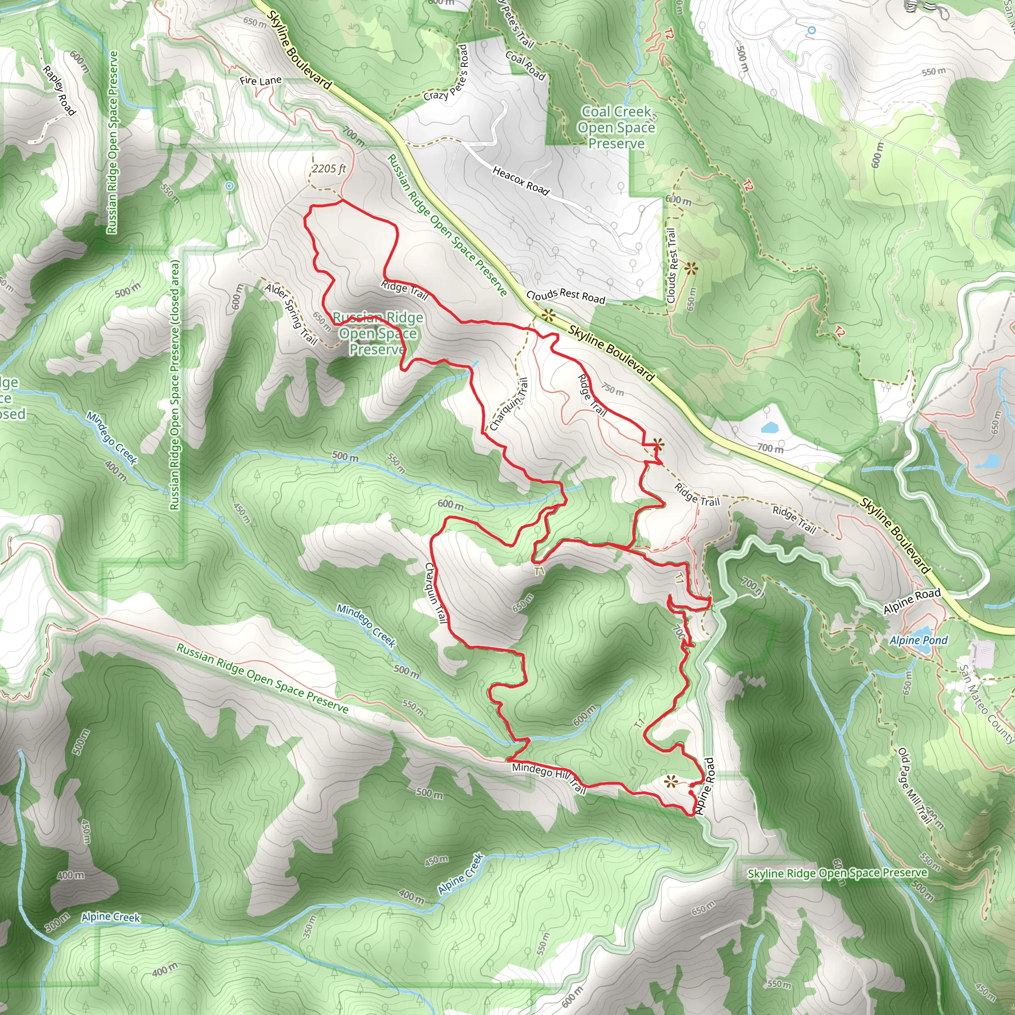 Borel Hill Loop via Hawk Ridge Trail, Charquin Trail and New Ancient Oaks Trail mobile static map