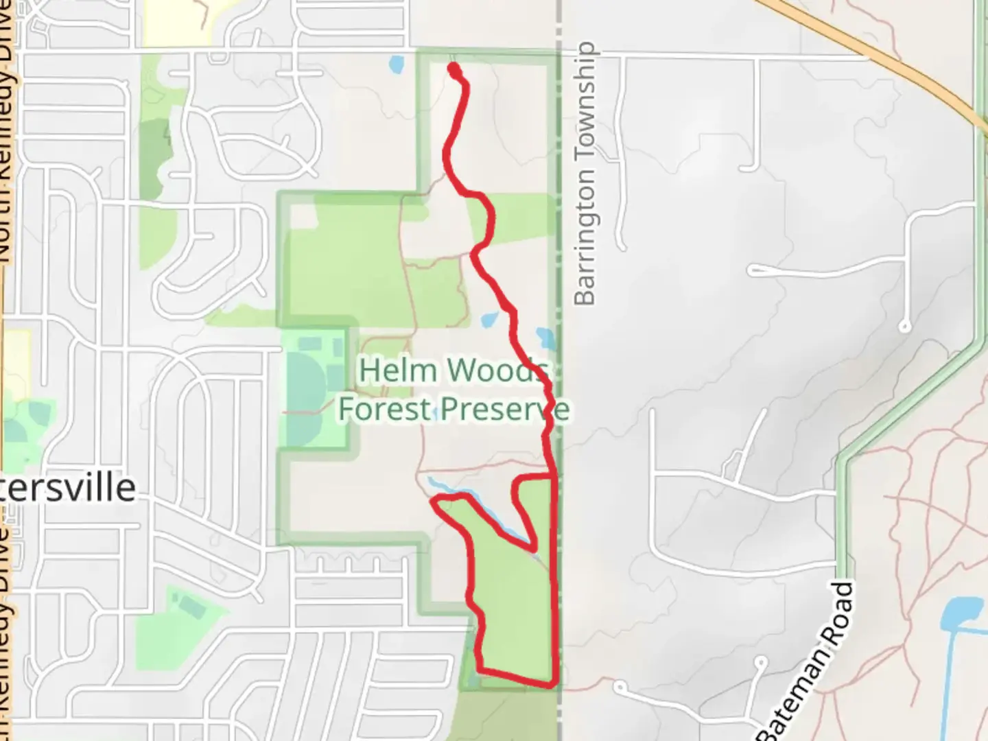 An image depicting the trail Helm Woods Forest Preserve Loop and its surrounding area.