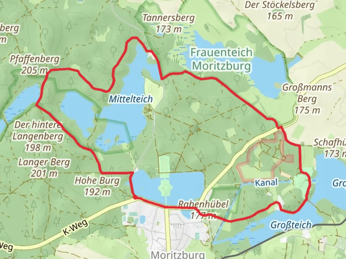 An image depicting the trail Mittelteich and Schlossteich via Koenigs-Rundweg and its surrounding area.