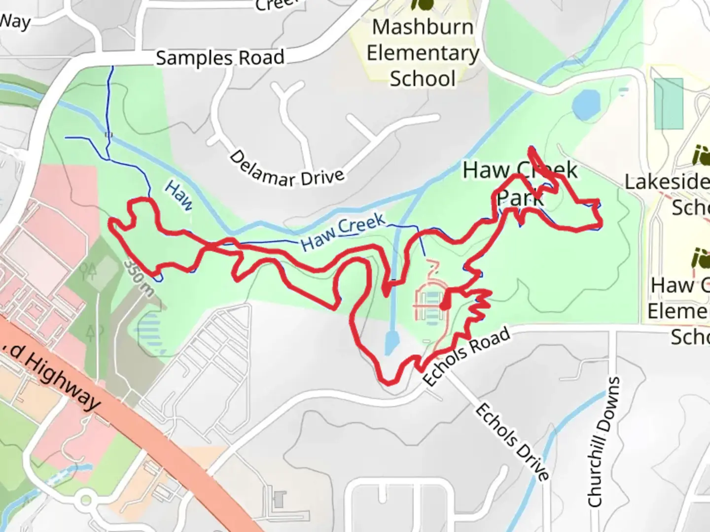An image depicting the trail Haw Creek Park Loop and its surrounding area.