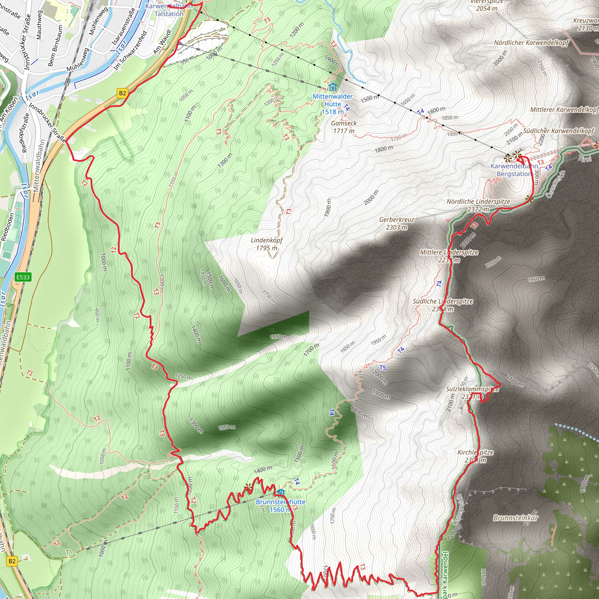 Bergweh Karwendel to Mittenwald via Linderspitzen, Sulzleklammspitze and Brunnsteinsteig mobile static map