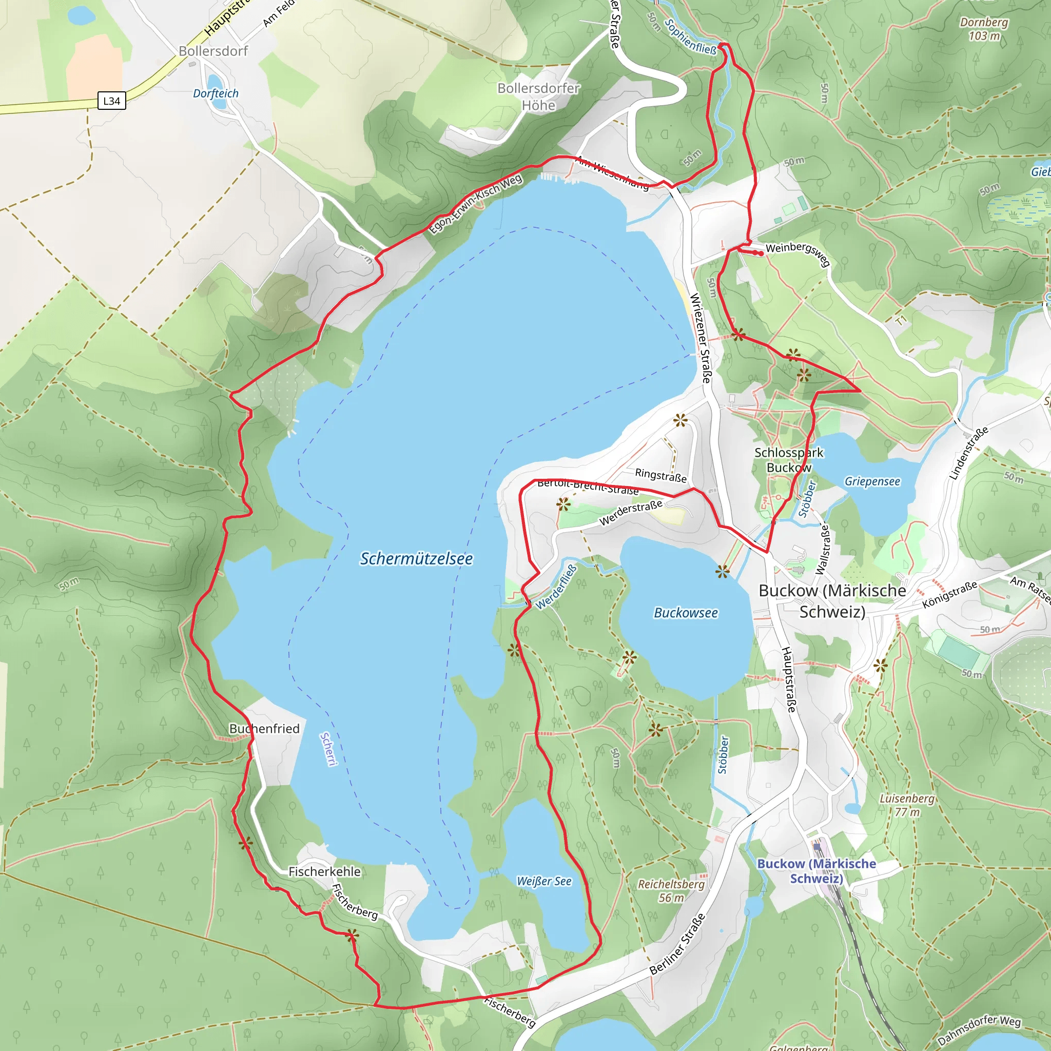 Schermuetzelsee, Griepensee and Weisser See via Strausberg Buckow and Schermuetzelsee mobile static map
