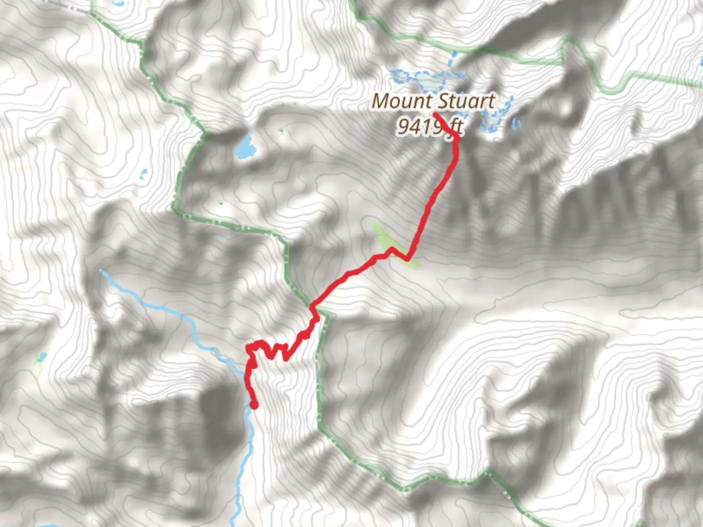 An image depicting the trail Mount Stuart via Longs Pass Trail and its surrounding area.