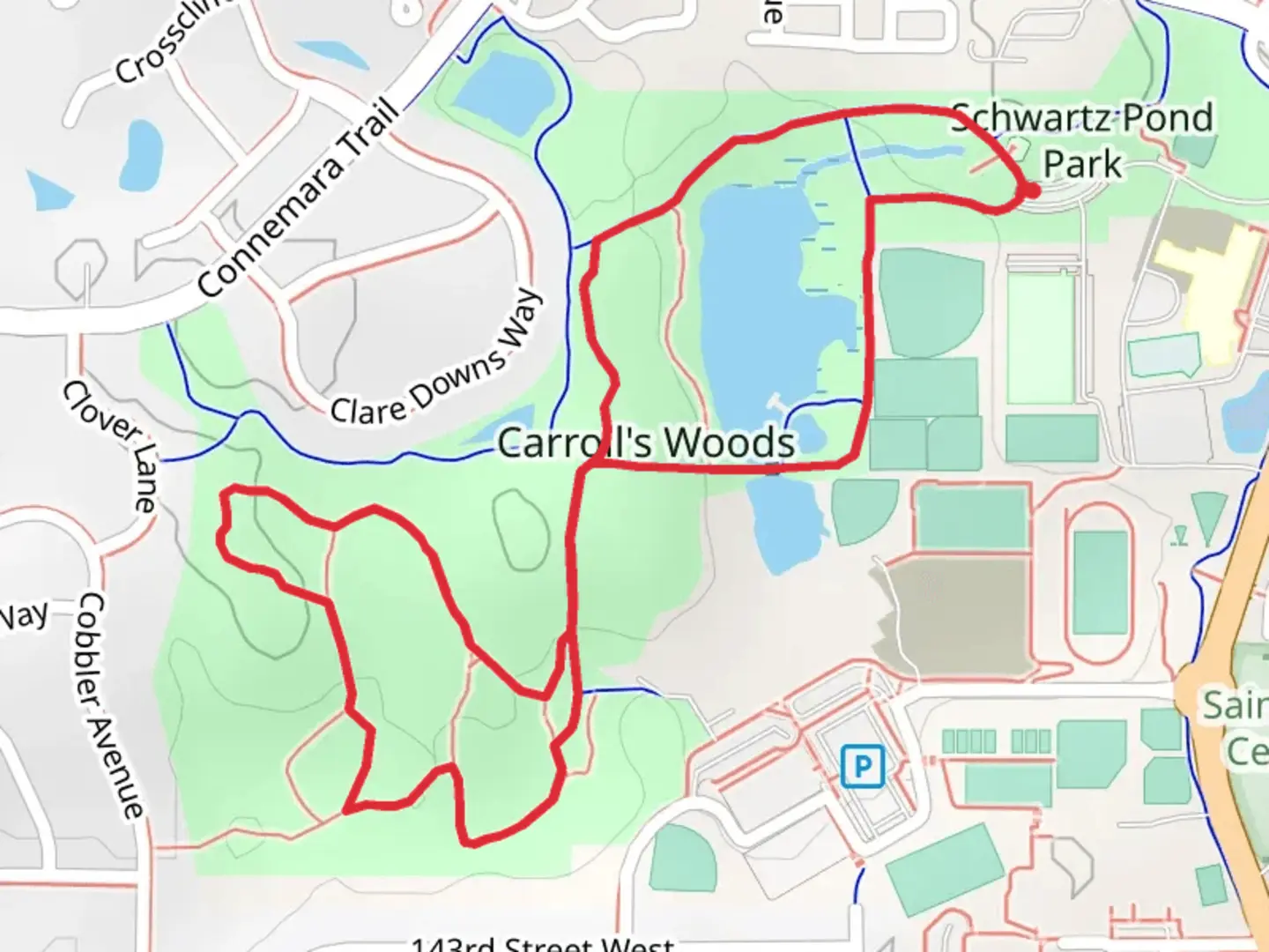 An image depicting the trail Carroll's Woods Loop and its surrounding area.
