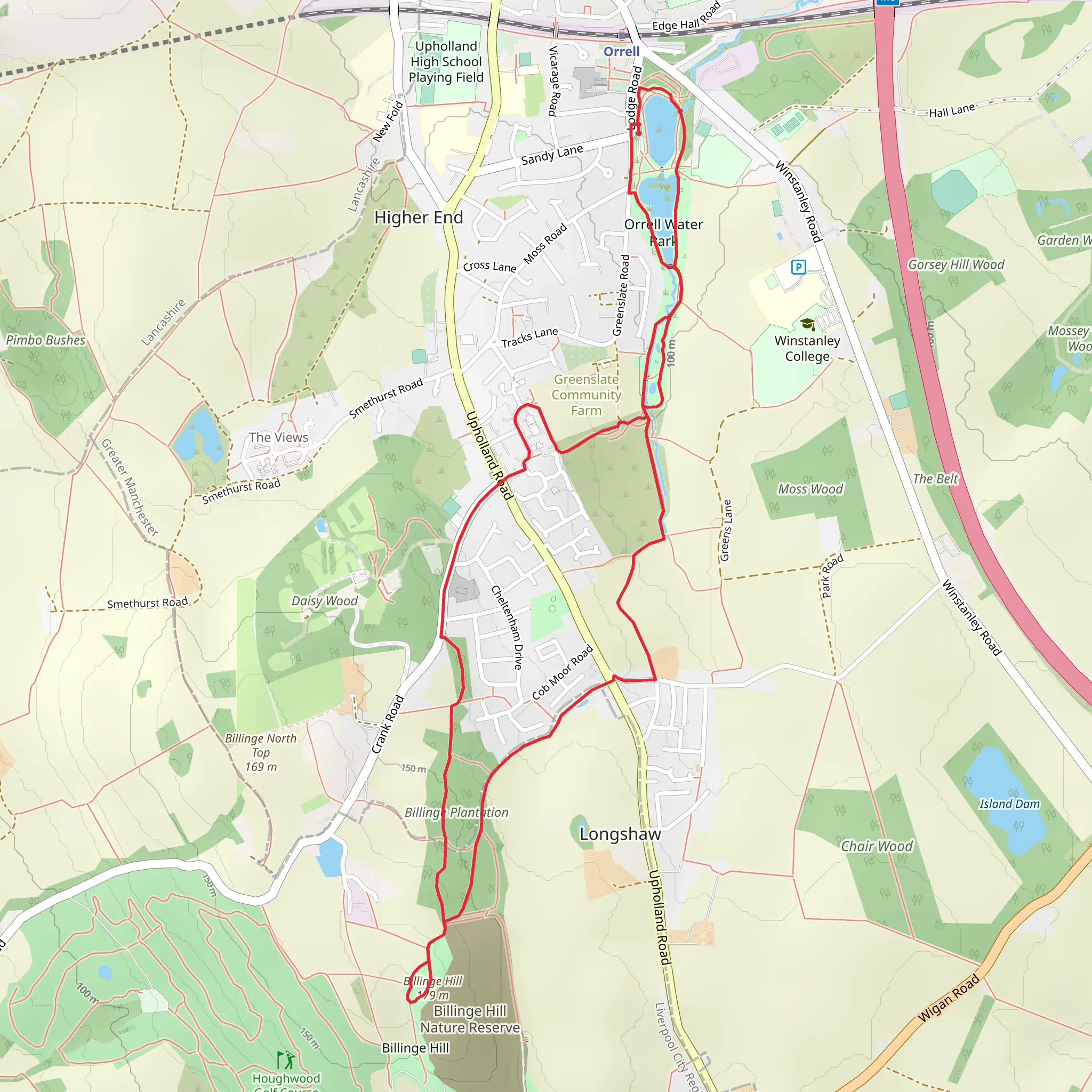 Orrell Water Park, Greenslate Water Meadows, Coppice Woods and Billinge Hill Walk mobile static map