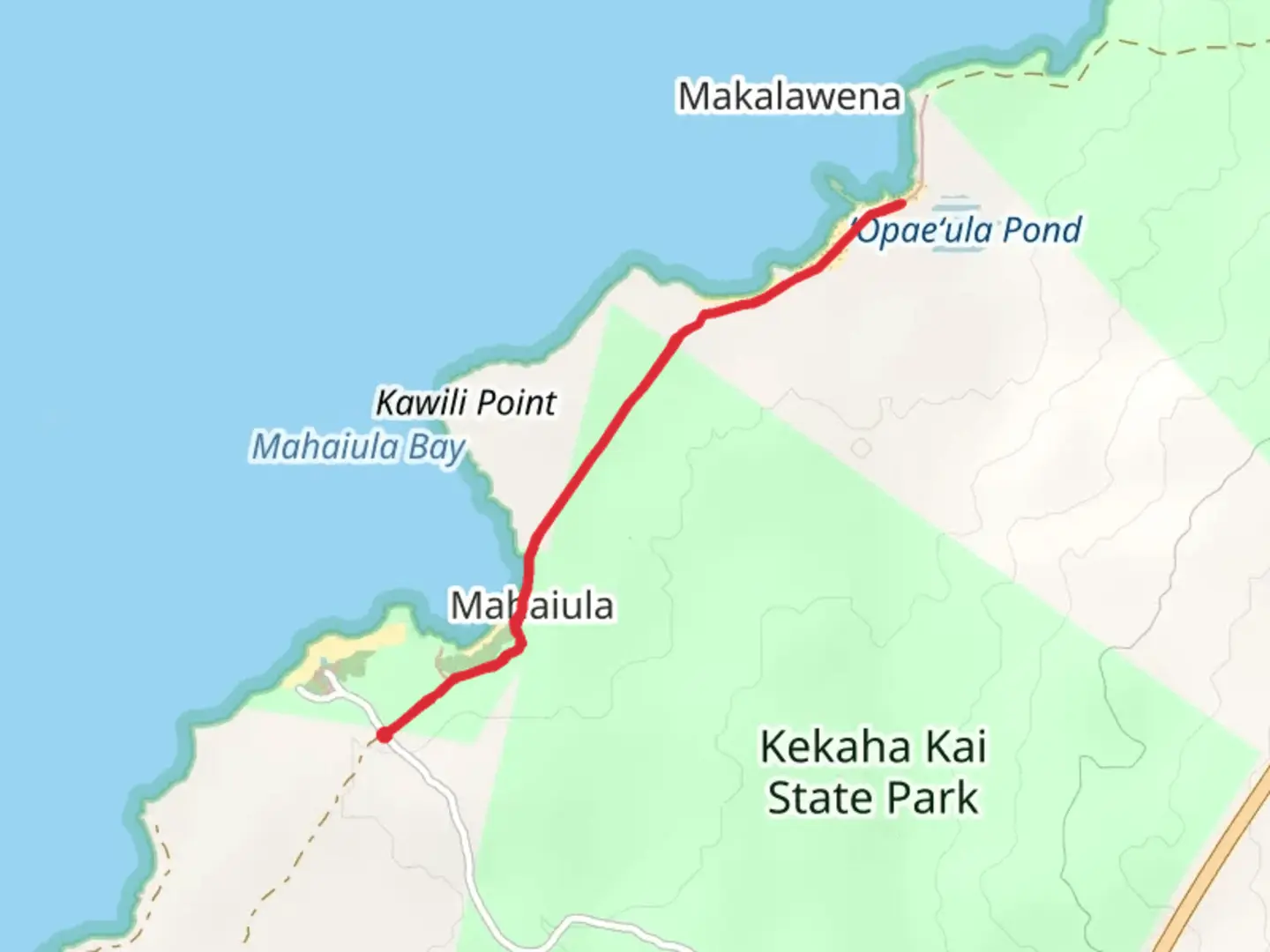 An image depicting the trail Opaeula Pond and Makalawena Beach Trail and its surrounding area.