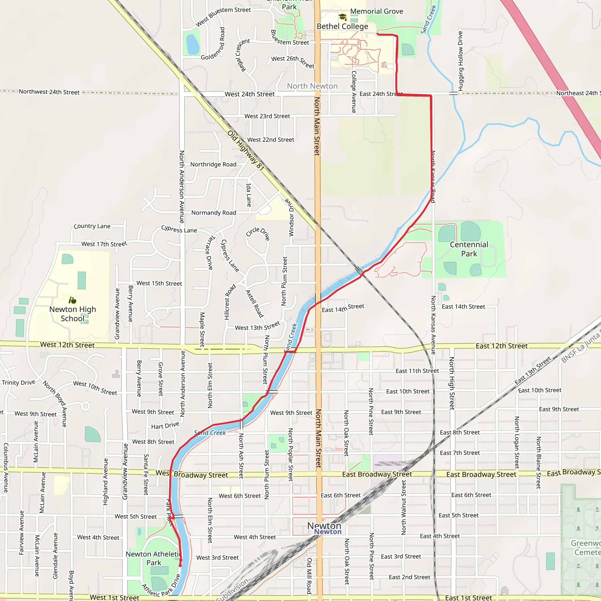 Newton Athletic Park to Memorial Grove mobile static map