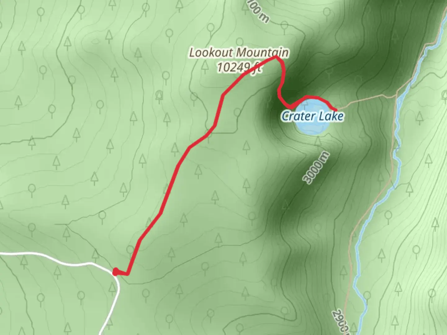 An image depicting the trail Crater Lake and Lookout Mountain Trail and its surrounding area.