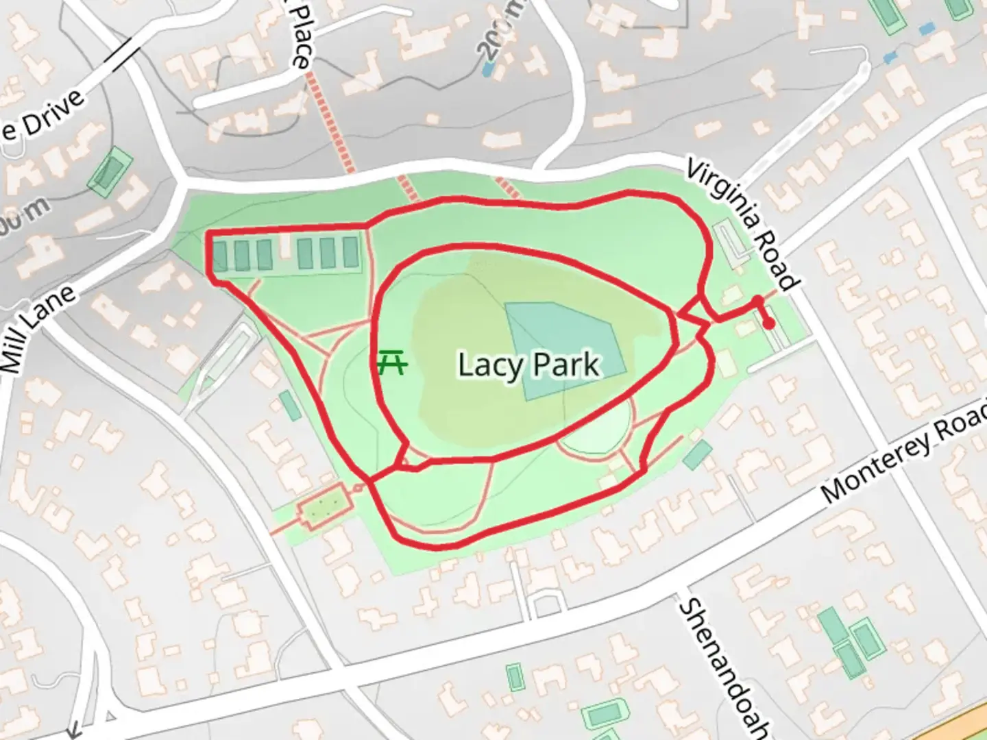 An image depicting the trail Lacy Park Loop and its surrounding area.