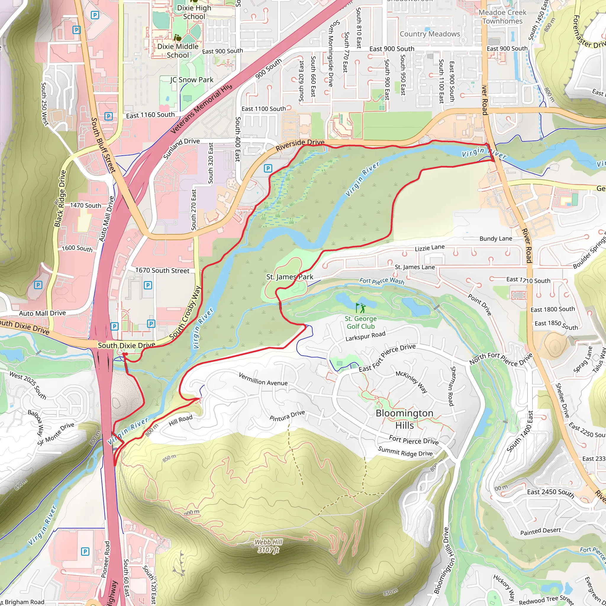 Virgin River Trail, Fort Pearce Trail and Webb Hill Trail mobile static map