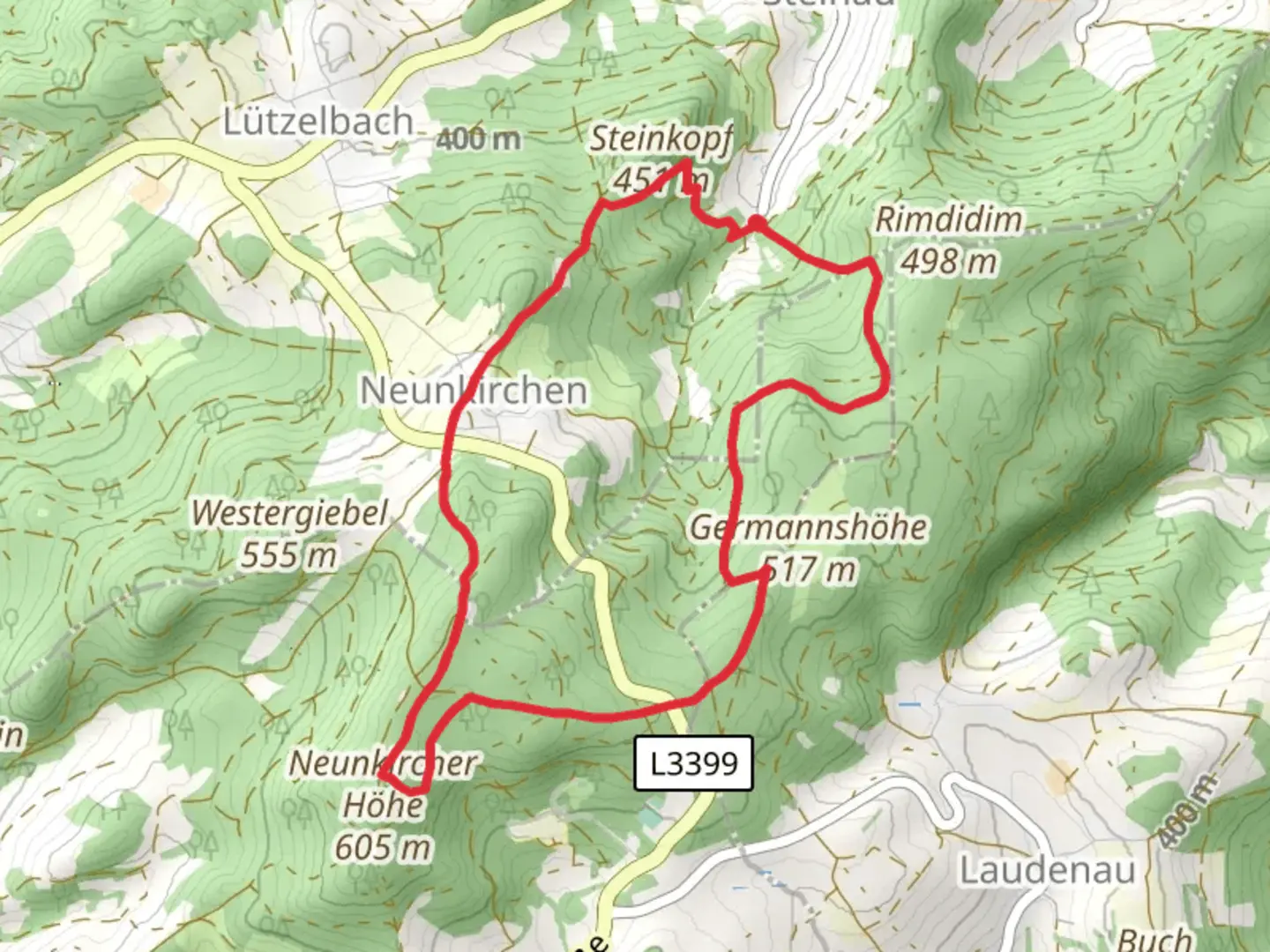 An image depicting the trail Steinkopf, Neunkirchen and Kaiserturm Loop and its surrounding area.