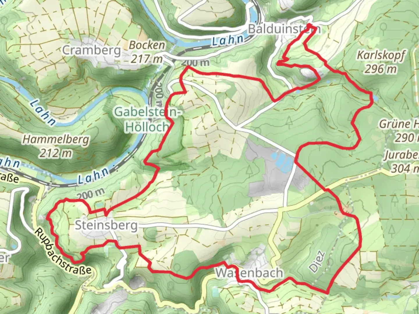 An image depicting the trail Balduinstein and Steinsberg Loop via Gabelstein and its surrounding area.