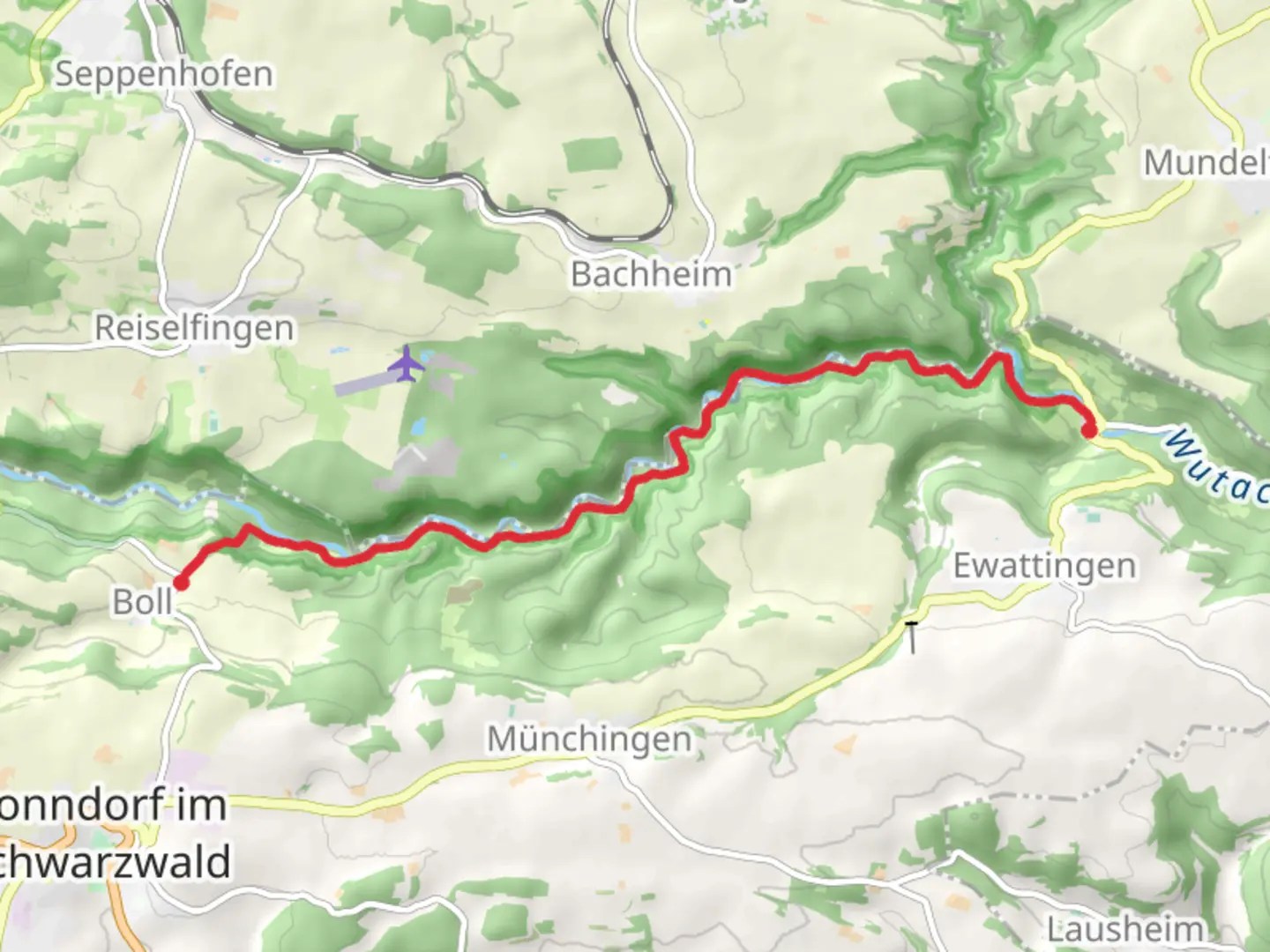 An image depicting the trail Boll to Wutachmühle Walk via Rettungssektor M and its surrounding area.