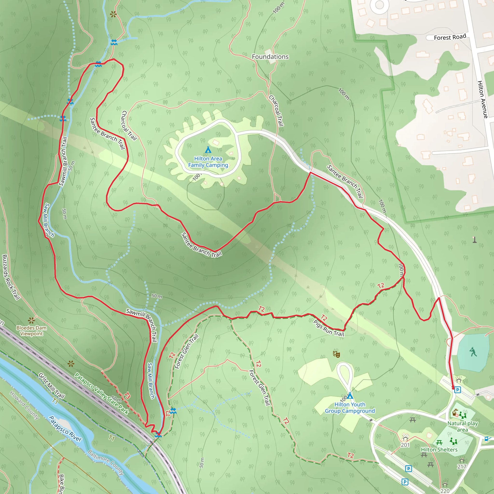Forest Glen and Sawmill Branch Loop Trail mobile static map