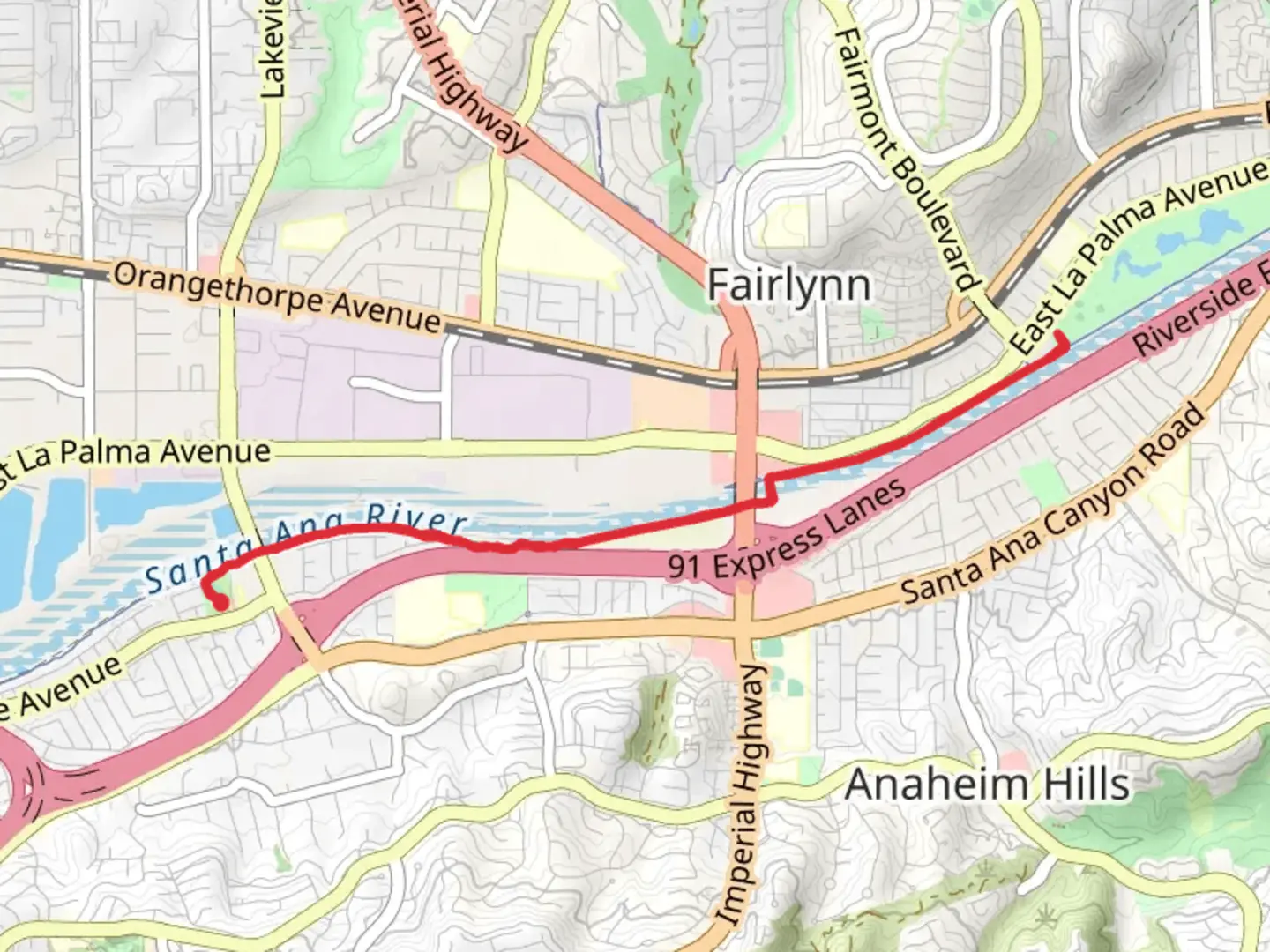 An image depicting the trail Santa Ana River Trail via Riverdale Park and its surrounding area.