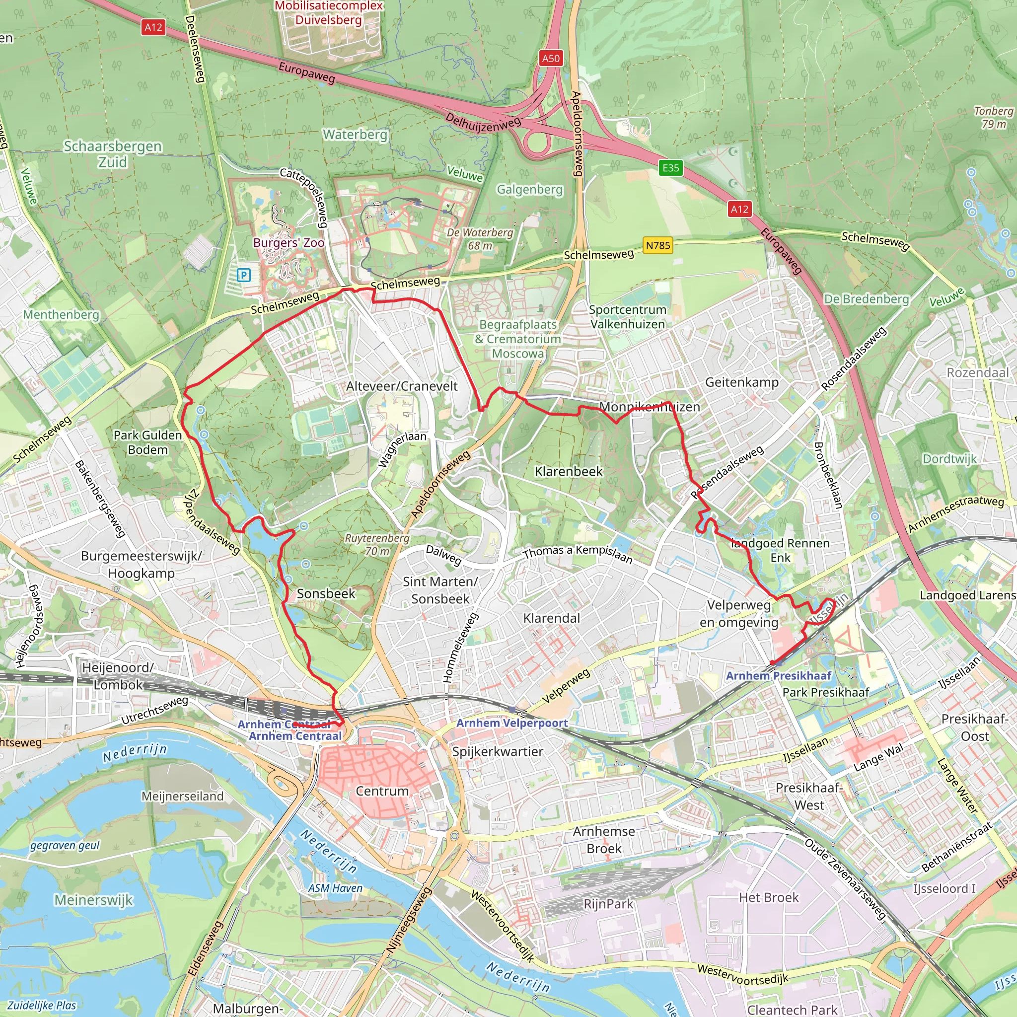 Presikhaaf to Arnhem Centraal via Sacre Coeur, Park Angerenstein and Grote Vijver mobile static map