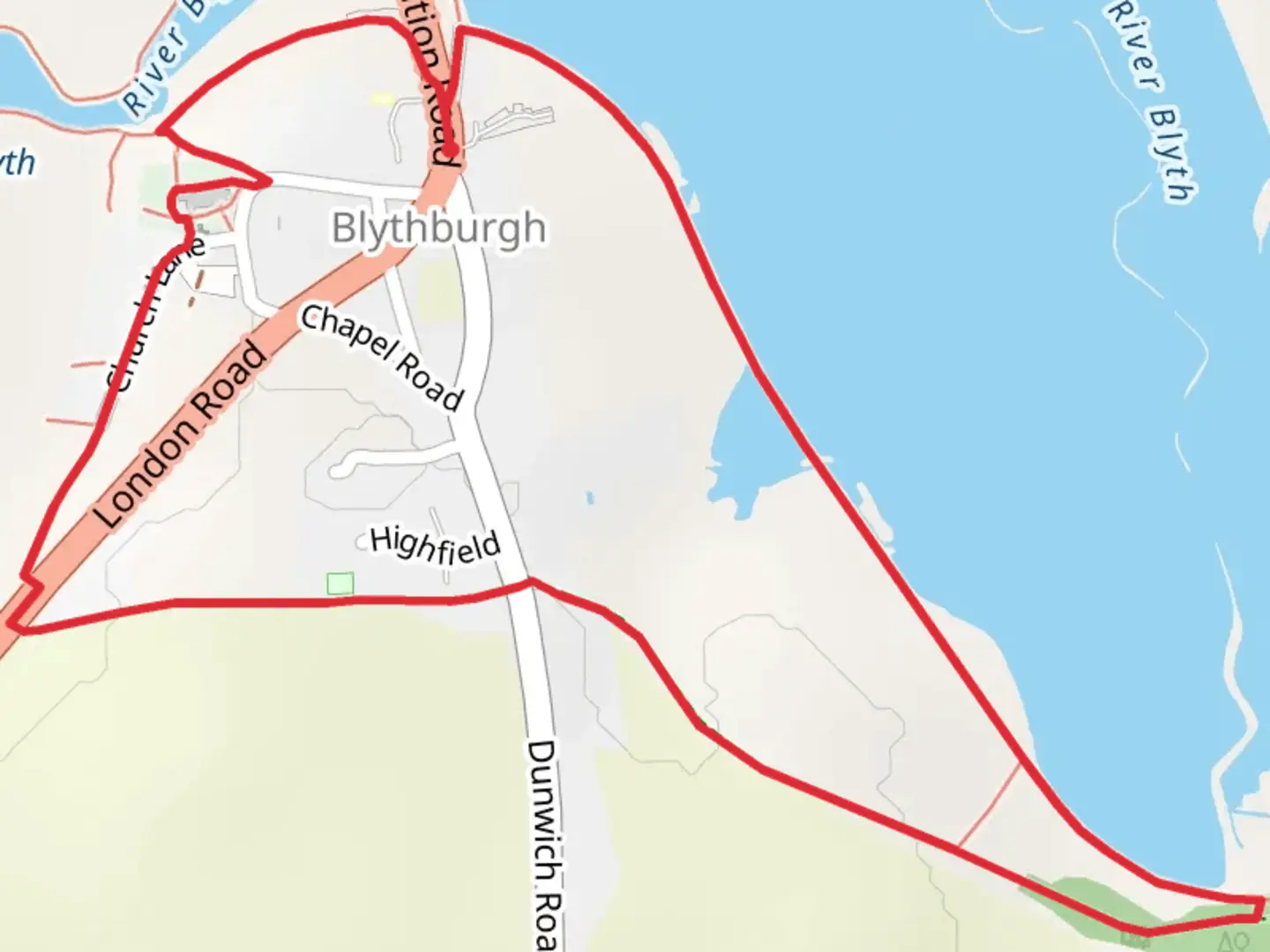 An image depicting the trail Blythburgh Loop and its surrounding area.