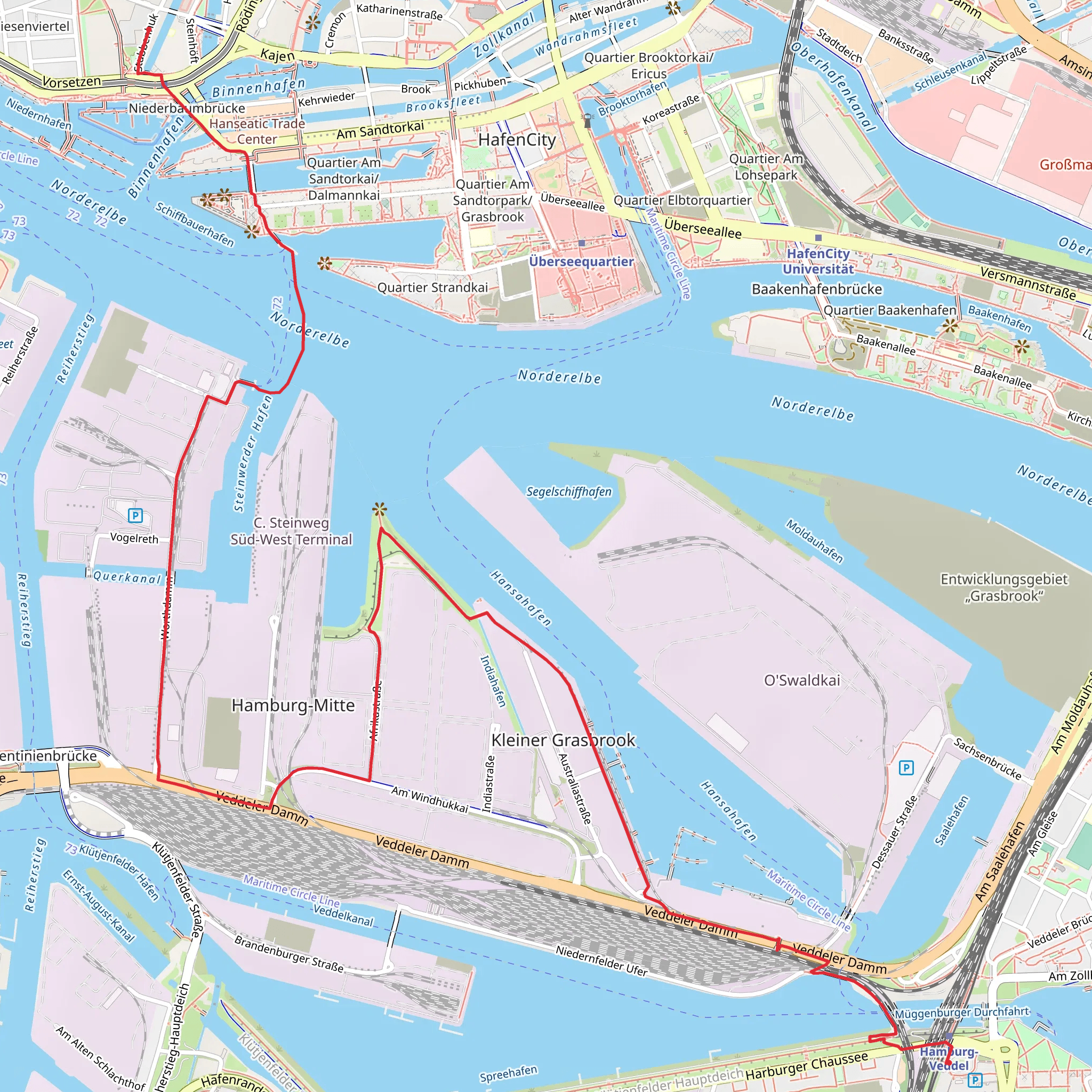 Baumwall to Hamburg-Veddel via Sandtorhafen mobile static map