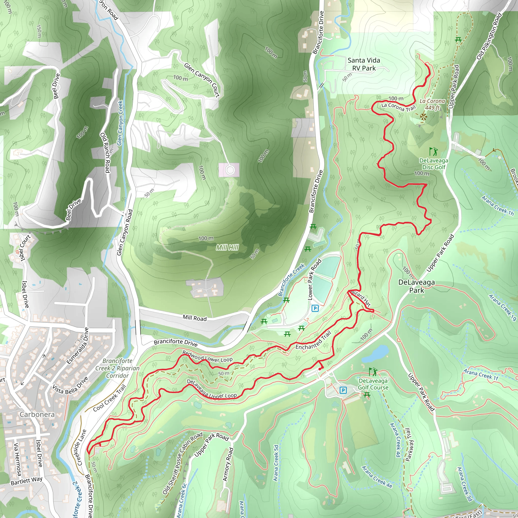La Corona, Redwood Lower and DeLaveaga Upper Loop Trail mobile static map
