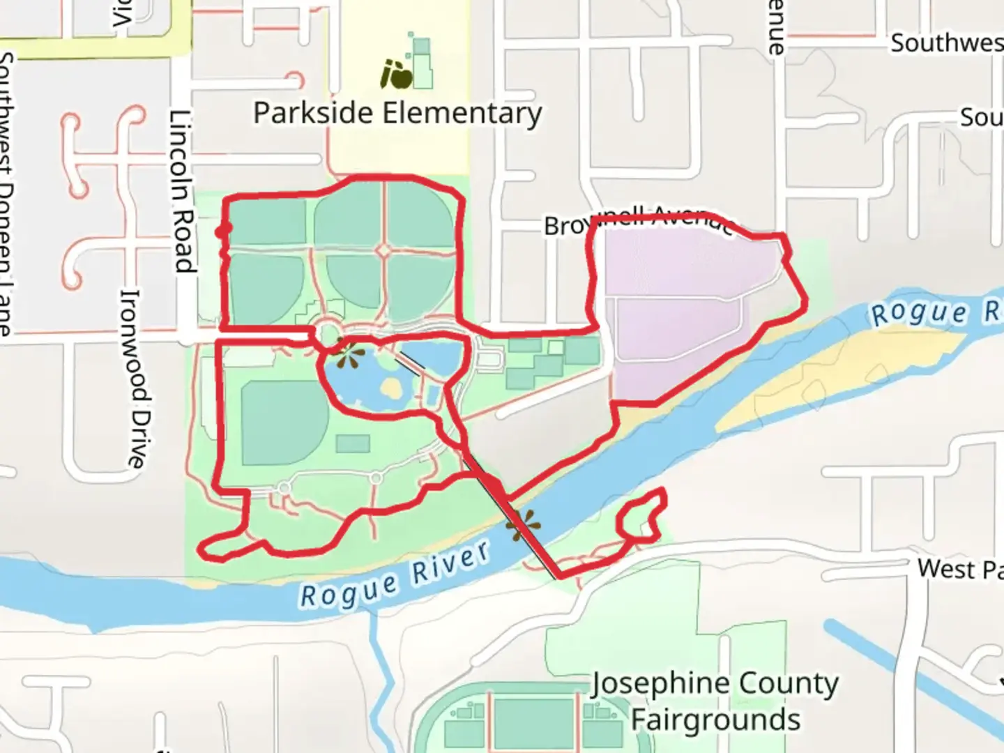 An image depicting the trail Reinhart Volunteer Park, Rogue River and Tussing ParkLoop and its surrounding area.