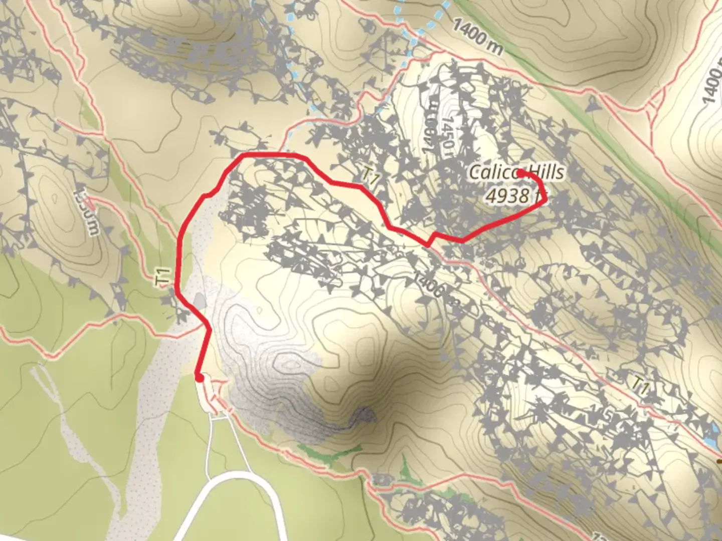 An image depicting the trail Calico Hills via Calico Tanks Trail and its surrounding area.
