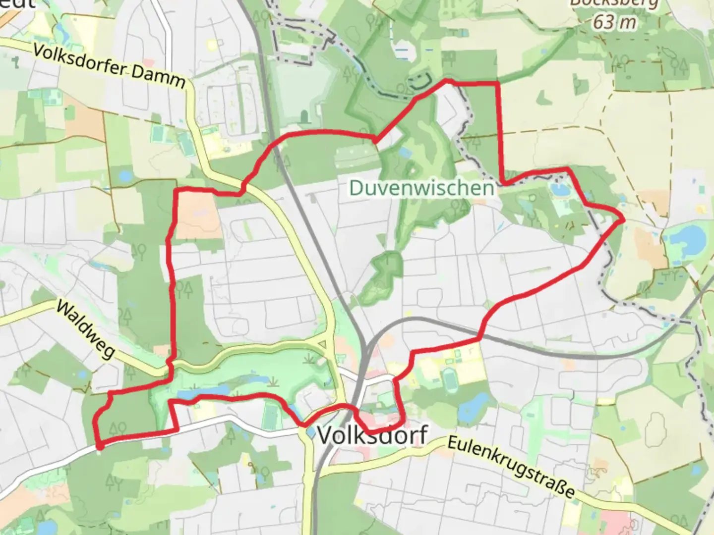 An image depicting the trail Volksdorfer Teichwiesen, Bockhorn and Duvenwischen Loop - Volksdorf and its surrounding area.