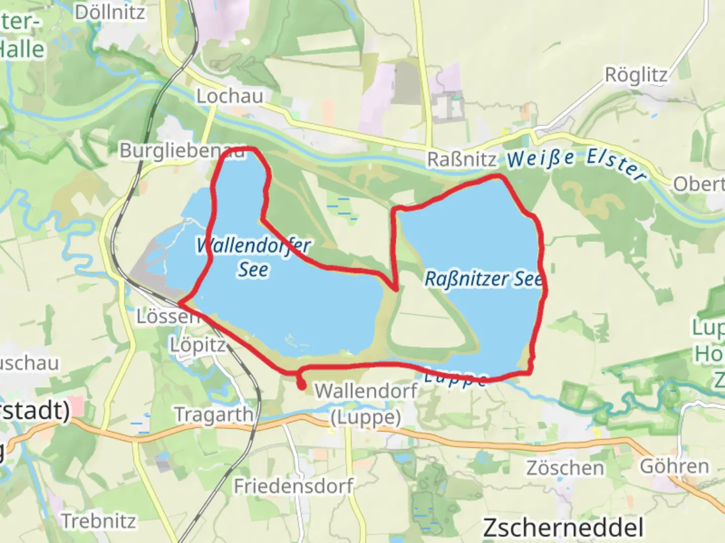 An image depicting the trail Rabnitzer and Wallendorfer See Loop and its surrounding area.